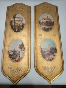 2 placas de madera dorada florentinas italianas vintage arte de pared Venecia Italia 23"X 7" - Imagen 1 de 9