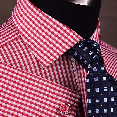 Camisa de vestir de negocios formal roja a cuadros y cuadros pequeña rosa pindot 2x puño francés Foto 1 de 4