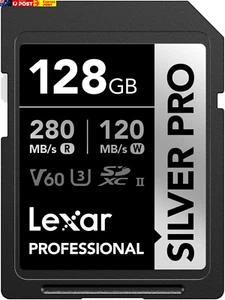 Silver PRO SD Card 128GB, UHS-II SD Memory Card, V60, U3, C10, up to 280Mb/S Rea - Picture 1 of 7