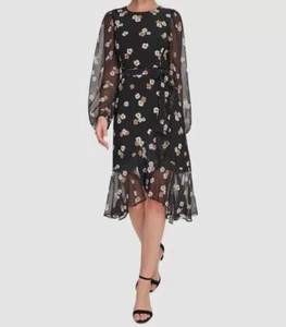 Tommy Hilfiger Women's Black Floral Chiffon Fit and Flare Dress Size 10 - Picture 1 of 3