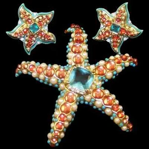 KJL KENNETH J. LANE Coral Turquoise Pearl Starfish Pin & Clip Earrings Set - Picture 1 of 19