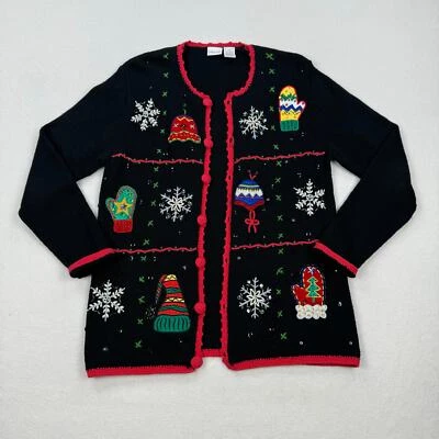 Vintage Cherokee Sweater Small Black Button Up Christmas Cardigan Snow Mittens Foto 1 de 4