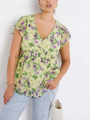 SimplyBe Shirred Top GREEN Floral Frill Peplum Szs 12 14 16 18 20 22 24 26 30 32 - Image 1 of 4