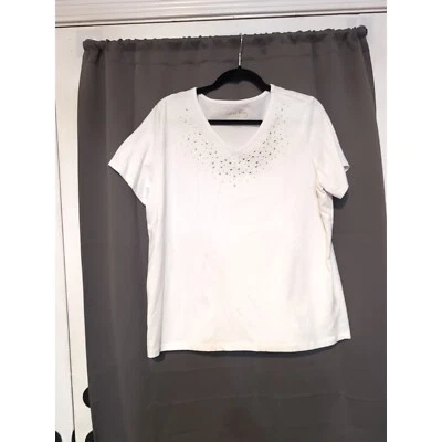 Camiseta de cóctel Coral Bay Petite XL blanca para mujer, cuello en V con tachuelas, camiseta informal Foto 1 de 4