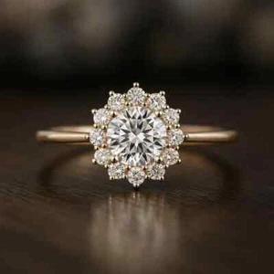 1.50Ct Round Cut Real Moissanite Floral Solitaire Ring 14K Yellow Gold Plated - Picture 1 of 8