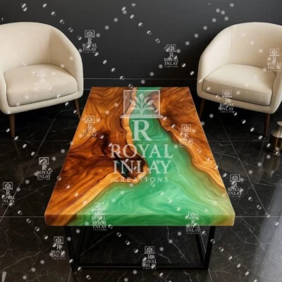 Rectangular Green Epoxy River Table with Natural Wood – Luxury Centerpiece - Image 1 of 4