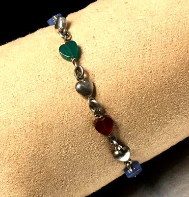 Brazalete de eslabones de corazón hinchado y piedras preciosas de plata de ley de colección 7" Foto 1 de 4