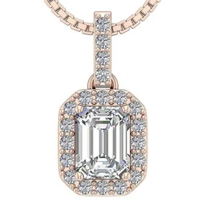 Halo Cluster Pendant I1 G 1.10 Ct Emerald Round Diamond 14K Solid Gold 0.59 Inch - Picture 1 of 10