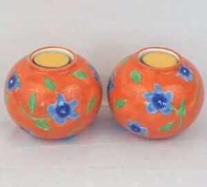 Avon Candle Holders Set 2 Hand Painted Ceramic Decor Round Flowers Orange Blue