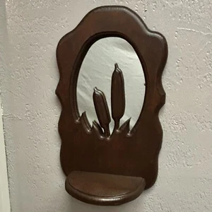 Vintage Wood Mirror Shelf Cattail Carving Rustic Decor Man Cave Hunting 20”x11” - Picture 1 of 7