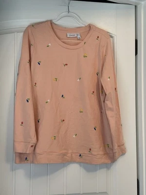Denim & Co Peach Mini Floral French Terry Long Sleeve Round Neck Sweatshirt L - Image 1 of 3