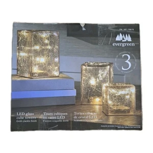 Evergreen Led Glass Cube Towers Gold Crackle Finish 3 Hand-Blown  - Picture 1 of 3