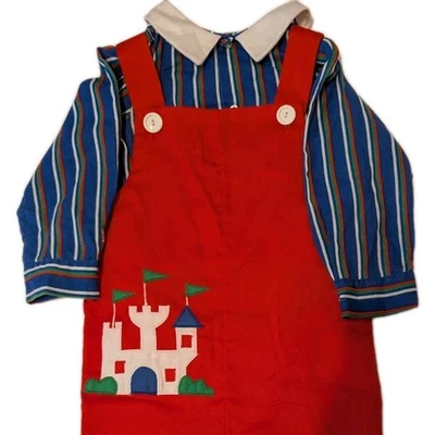 Vintage 2pcs Striped Collared Top & Red Overalls Castle Outfit Size 18-24 Months - Image 1 of 4