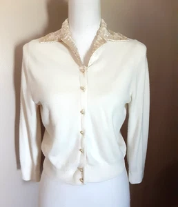 VTG Cardigan Knit Sweater Small Embellished Collar Sequins Ivory No Tags - Picture 1 of 14