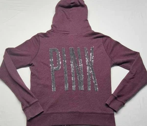 Victoria Secret Pink Damen weinrot Reißverschluss Hoodie Logo/Hund silber Sequenz Gr. M - Bild 1 von 10
