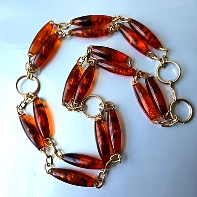 Винтажный MCM 60-х чай Lucite бисер золотистый цепочка ремень ожерелье 32 «L sz S M - Изображение 1 из 4