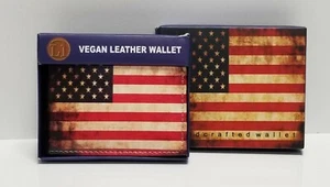 Rustic American Flag Print on Handcrafted Wallet BI-Fold Men's Vegan Leather - Picture 1 of 7