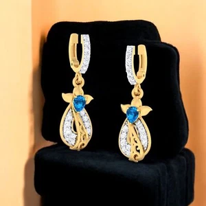 1.20 Cts F/VS1 Round Brilliant Cut Diamond Sapphire Dangle Earrings 14K Gold - Picture 1 of 5