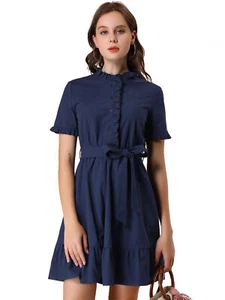Allegra K Women's Ruffle Hem Frill Trim Button Front Dress - Picture 1 of 7