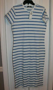 Vestido Polo Ralph Lauren Mujer Tejido Elástico Blanco y Azul Rayas Midi Talla L - Imagen 1 de 4