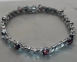 .925 Silver 9 Count Garnet & 3 Count Diamond Tennis Bracelet, 7" NEW w/ Box - Picture 1 of 10