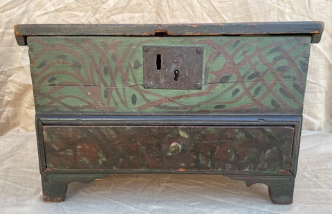 Early 19thc American Child's Folk Art Blanket Chest, Original Paint, Miniature Cover