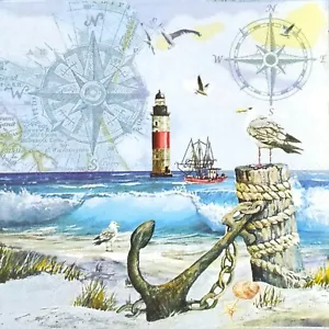 N966# 3 servilletas de papel individuales decoupage costa del mar con ancla, barco y gaviota - Imagen 1 de 9
