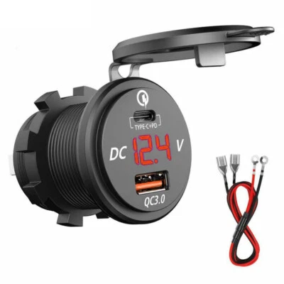 12/24V Dual USB Ports+Type C QC3.0 Fast Car Charger Socket Adapter LED Voltmeter - Image 1 of 4