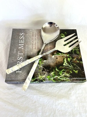 Vintage Mother of Pearl Salad Serving Utensils Silver - Image 1 of 4