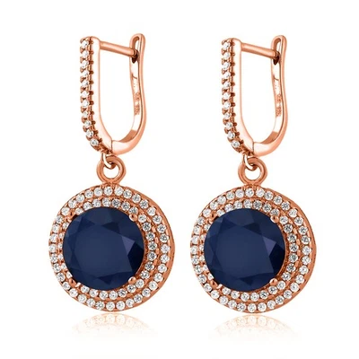 Pendientes redondos de plata chapados en oro rosa de 18 quilates con zafiro azul de 12,06 quilates Foto 1 de 3