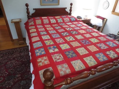 ANTIQUE Modified CROSS & CROWN Cotton PATCHWORK QUILT w/Red Borders - 69" x 84" - Image 1 of 4