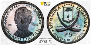 PR66DC 1970 Eq. Guinea Lincoln 75 Pesetas Silver Proof, PCGS- Toned SOLO Top Pop - Picture 1 of 8