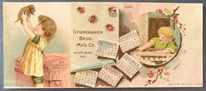STUDEBAKER BROS 1890 CALENDAR TRADE CARD-CHILDREN PUPPY LADYBUG-BUGGY-CARRIAGES - Picture 1 of 4