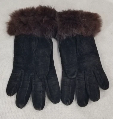 Guantes de gamuza negros talla mediana M tejidos forrados marrón oscuro piel de conejo Foto 1 de 3