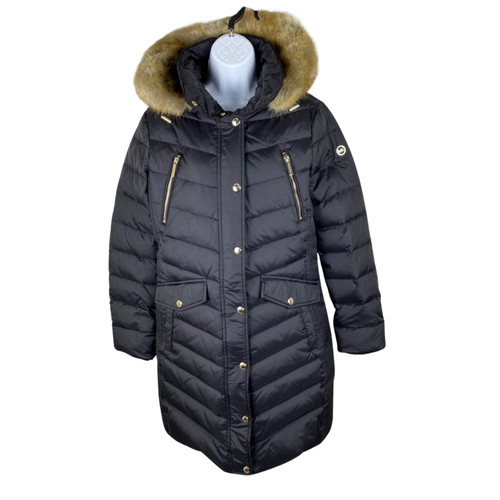 Giacca con cappuccio Michael Kors lunga puffer pelliccia sintetica orlo con tasche taglia S preppy