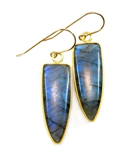 Labradorite Earrings Blue Large Long Smooth Bezel Pointed drops 1.8 In 14k Gold - Picture 1 of 3
