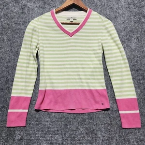 Tommy Hilfiger Womens Size M Sweater Pink Trim Green Stripes V-Neck 100% Cotton - Picture 1 of 9