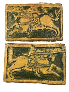 Set of 2 Antique Mercer Moravian Pottery Works JOUSTING KNIGHTS 7 1/4" Tile - Picture 1 of 24