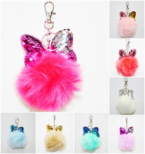 FREE SHIPPING PRESTIGE BIATTA FAUX FUR POM KEY CHAIN WITH REVERSIBLE SEQUINS BOW - Picture 1 of 7