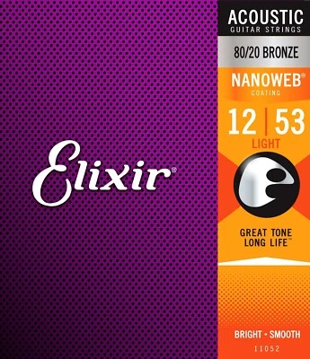 Elixir 11052 80/20 Bronzo Nanoweb Light 12-53 Corde per Chitarra Acustica 1-3 Confezioni - Immagine 1 di 2