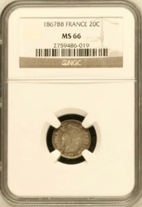 FRANCE , SILVER 20 CENTIMES 1867-BB STRASBOURG NGC MS 66 ( BL ) , RARE - Picture 1 of 2