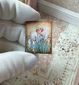 Dollhouse Miniature EASTER Girl in BONNET in field of IRIS blue purple 1:12 sign - Picture 1 of 3