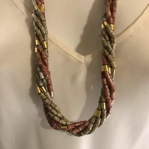 Beaded Necklace Twisted Six Strand Lucite Natural Pink Brown Tan - Picture 1 of 12