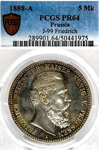 German States Prussia 1888A 5 Mark Coin Thaler Taler PCGS PF 64 PROOF PP UNC - Picture 1 of 3