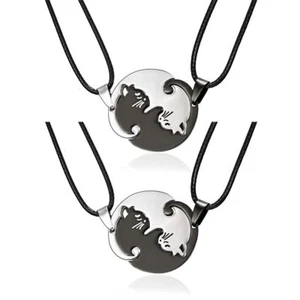2 pairs Cute Valentine's Day Fashion Black White Cat Pendant Necklace Couple - Picture 1 of 12