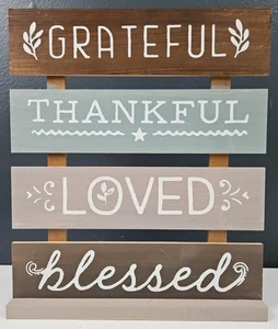 Grateful Thankful Loved Blessed Freestanding Wooden Sign 13" x 11" - Picture 1 of 4