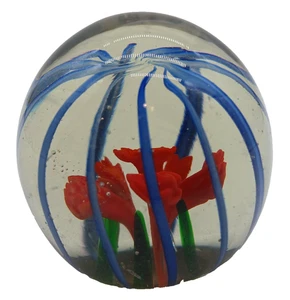 Orange Flower w/Blue Swirls in Clear Glass Round Art Glass Paperweight w Bubbles - Picture 1 of 9