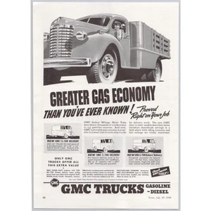 Camiones de reparto GMC 1940 anuncio impreso vintage Super Duty gasolina furgoneta económica gasolina diésel - Imagen 1 de 1
