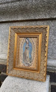 Religious icon Of Lady Of Guadalupe Mary Pure Cotton with Gold Yarn Wood Frame - Picture 1 of 7