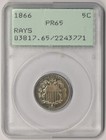 1866 Rays Shield Nickel 5C Proof PR 65 PCGS Rattler Holder OGH